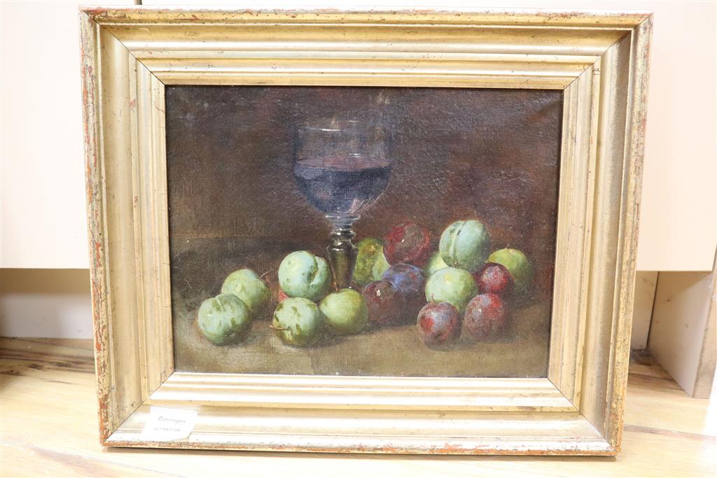 Continental School c.1900, oil on canvas, Still life of a glass of wine, greengages and plums, 24 x 31cm